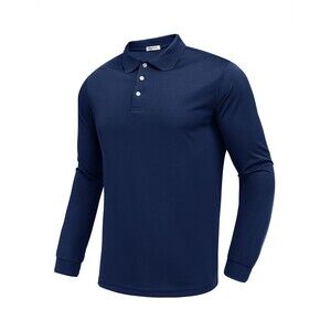 PINSPARK Men's Long Sleeve Golf Polo Shirt Moisture Wicking Quick Dry Navy